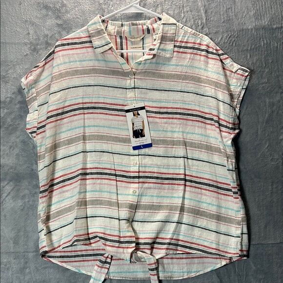 NWT New Weatherproof Linen Multicolor Striped Button Tie Front Size L - Picture 1 of 10